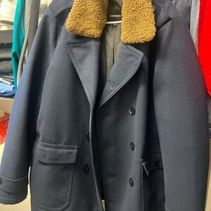 Express Men's Dark Blue Peacoat with Tan Collar